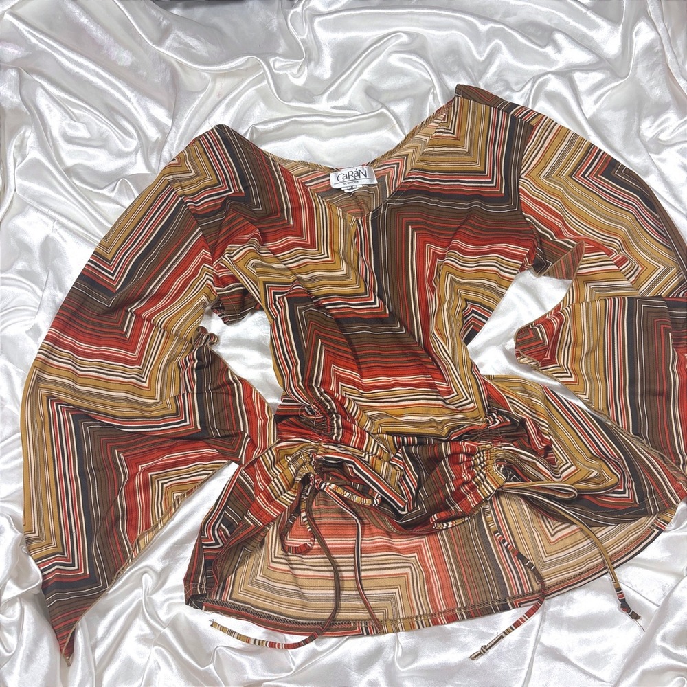 Vintage Caran New York Top Brown Excellent Bell Sleeve Ruched Geometric 3X
